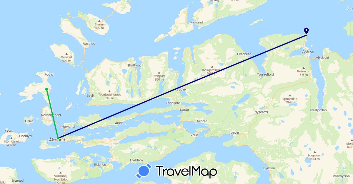 TravelMap itinerary: driving, bus, plane in Norway (Europe)